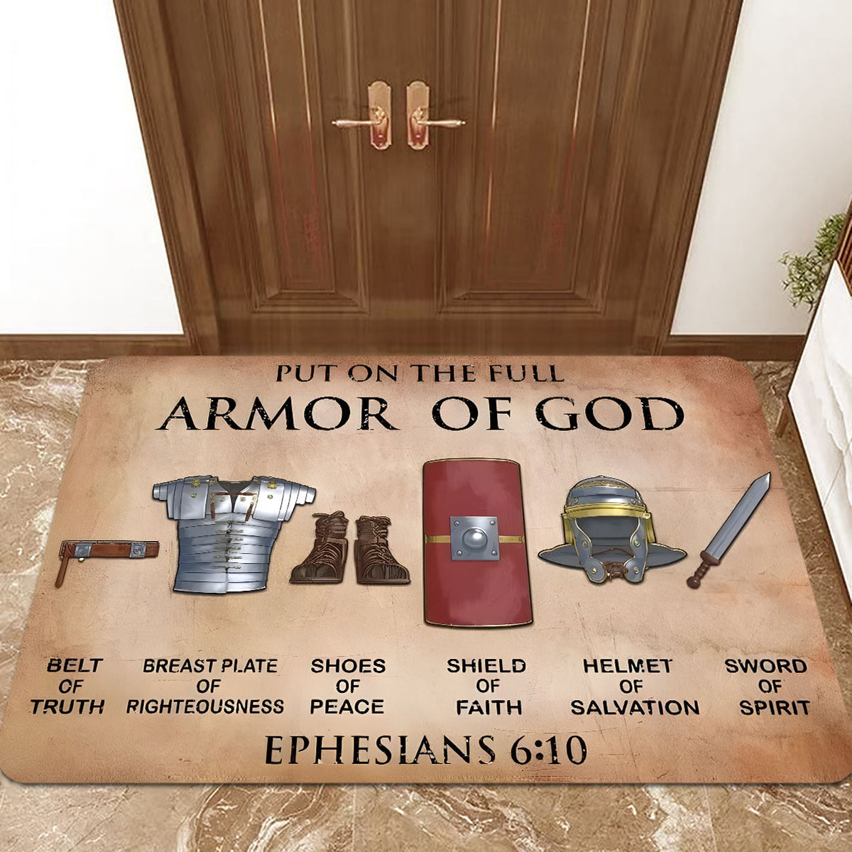 Get inspired with the Armor of God Polyester Doormat - Featuring Non-Slip, Stain Resistant and Lightweight design for Indoor or Outdoor use - Perfect Religious Themed Rug for Father's Day, Mother's Day, Graduation - Recommended Dry Clean only