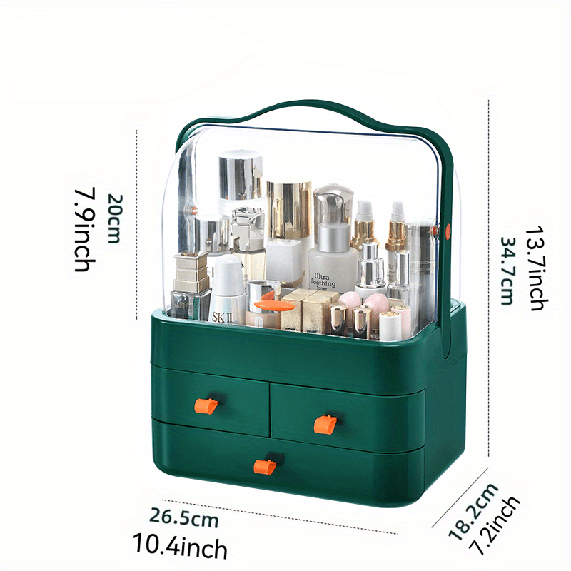 Makeup box with double opening and storage drawer for organizing cosmetics on bathroom countertop.