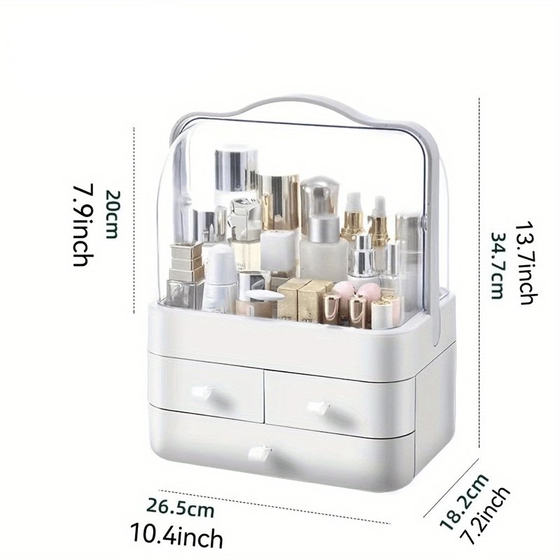 Makeup box with double opening and storage drawer for organizing cosmetics on bathroom countertop.