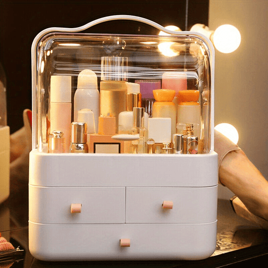 Makeup box with double opening and storage drawer for organizing cosmetics on bathroom countertop.