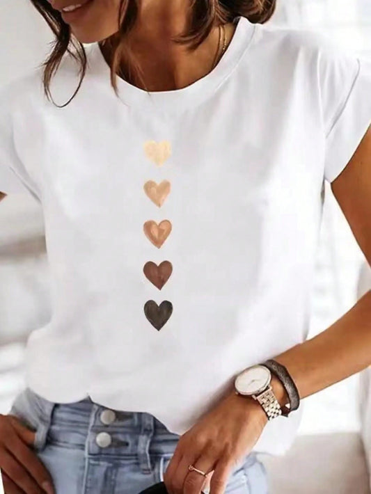 Heart Print Crew Neck T-Shirt for Women - Casual Short Sleeve Spring/Summer Tee