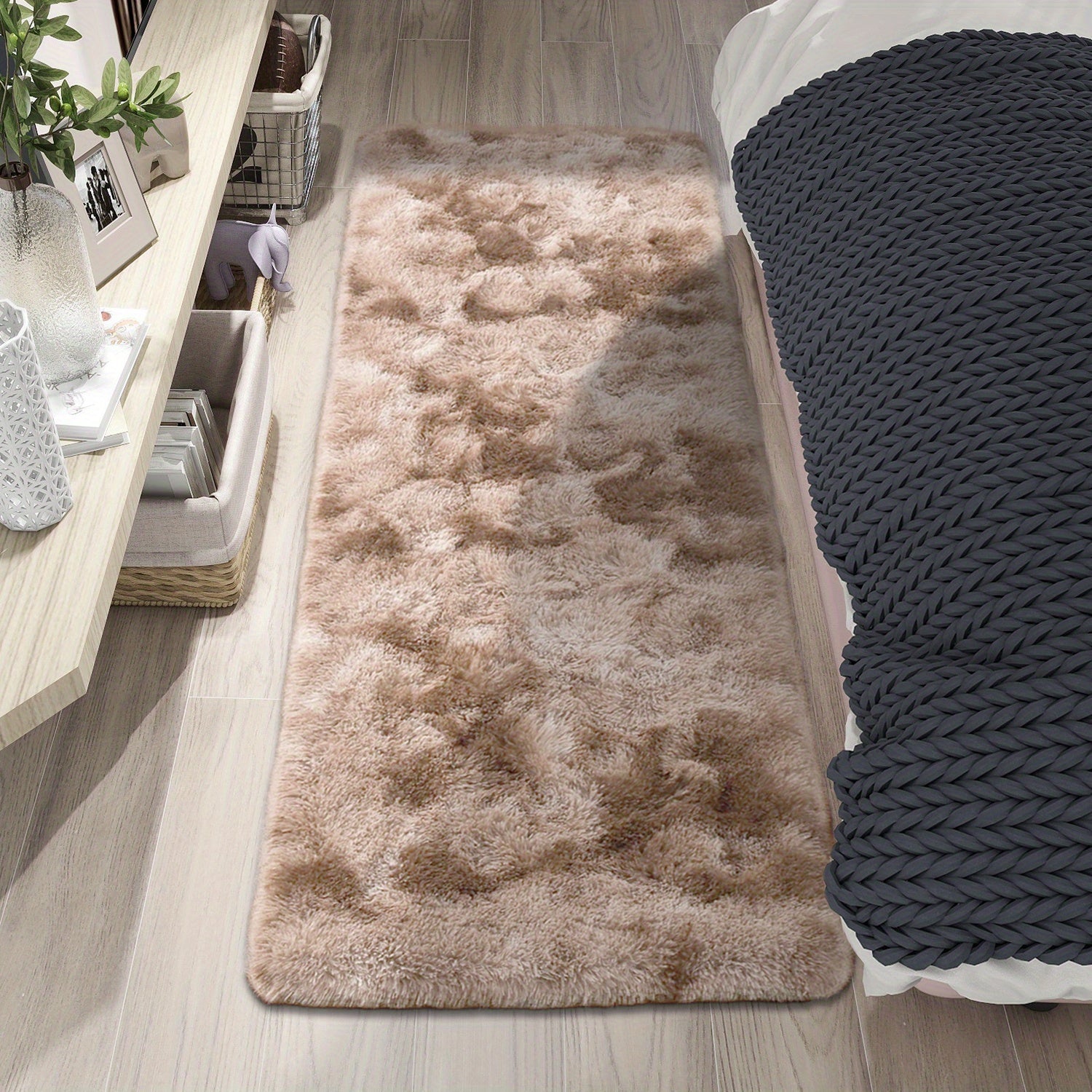 Nordic Style Light Luxury Tie-Dye Gradient Color Floor Carpet with Non-Slip Bottom. This Soft and Fluffy Long Plush Rectangle Rug is Comfortable and Non-Shedding, Adding Style to Your Bedroom. Machine Washable and Stylish, Perfect for Bedside Decor.