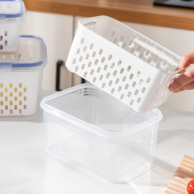 Set of 4 storage containers with leak-proof lids, perfect for storing and reheating food. These multifunctional containers are stackable and portable, ideal for meat, fruits, and vegetables. A must-have kitchen accessory with a dedicated fruit and