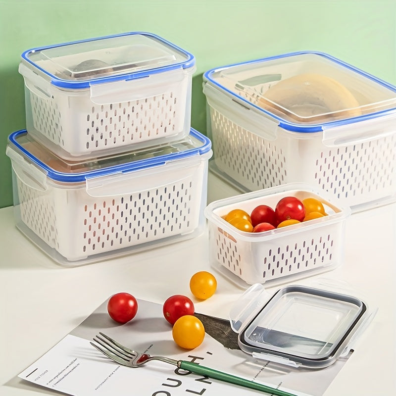 Set of 4 storage containers with leak-proof lids, perfect for storing and reheating food. These multifunctional containers are stackable and portable, ideal for meat, fruits, and vegetables. A must-have kitchen accessory with a dedicated fruit and