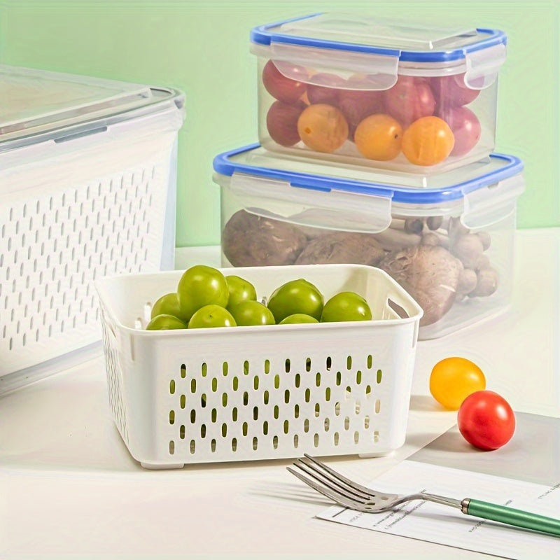 Set of 4 storage containers with leak-proof lids, perfect for storing and reheating food. These multifunctional containers are stackable and portable, ideal for meat, fruits, and vegetables. A must-have kitchen accessory with a dedicated fruit and