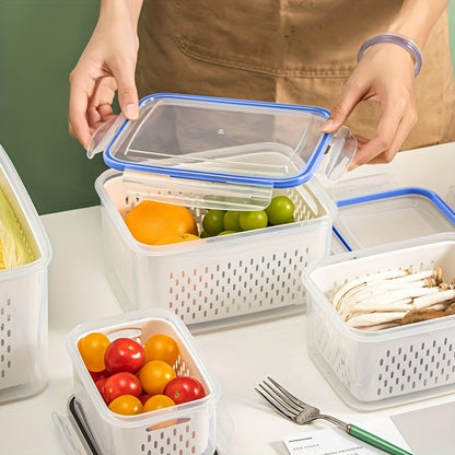 Set of 4 storage containers with leak-proof lids, perfect for storing and reheating food. These multifunctional containers are stackable and portable, ideal for meat, fruits, and vegetables. A must-have kitchen accessory with a dedicated fruit and