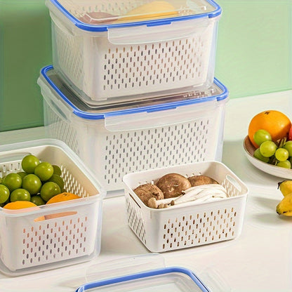 Set of 4 storage containers with leak-proof lids, perfect for storing and reheating food. These multifunctional containers are stackable and portable, ideal for meat, fruits, and vegetables. A must-have kitchen accessory with a dedicated fruit and