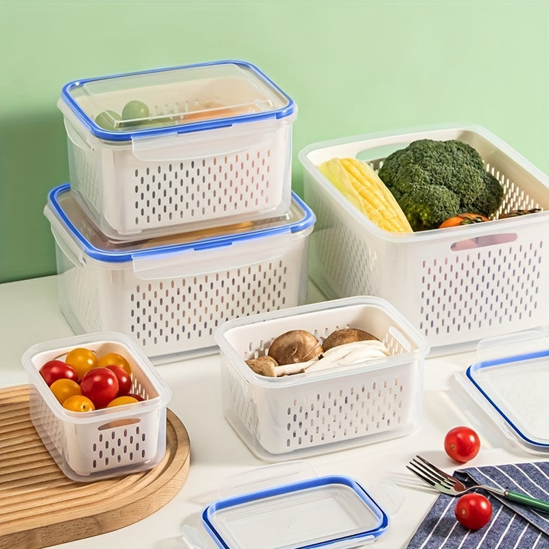 Set of 4 storage containers with leak-proof lids, perfect for storing and reheating food. These multifunctional containers are stackable and portable, ideal for meat, fruits, and vegetables. A must-have kitchen accessory with a dedicated fruit and