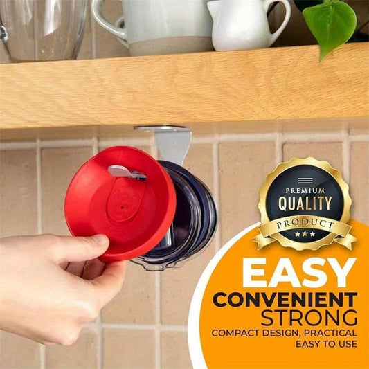 Metal cup lid holder designed for under-cabinet space saving, featuring easy installation hooks for storing cup lids. This storage rack maximizes space efficiency and serves as a convenient kitchen organizer.