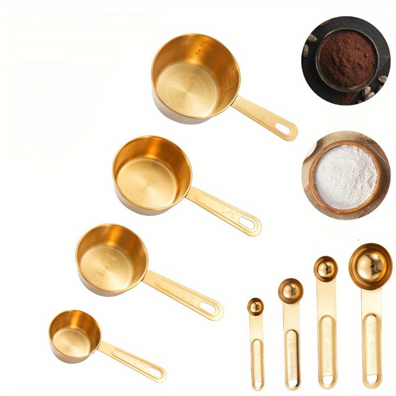 Celebrate Eid Al-Adha with this stunning set of 8 golden measuring cups and spoons. These stackable, stylish, and sturdy kitchen accessories are perfect for any home. The cute measuring cup set and golden kitchen utensils will add a touch of elegance to