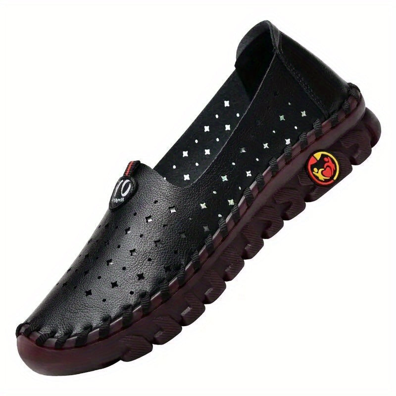 Handmade hollow out low top loafers for women, casual slip-on shoes with non-slip and breathable features.