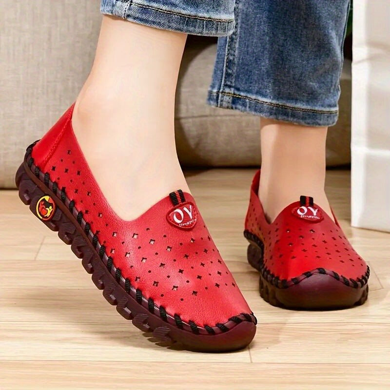 Handmade hollow out low top loafers for women, casual slip-on shoes with non-slip and breathable features.