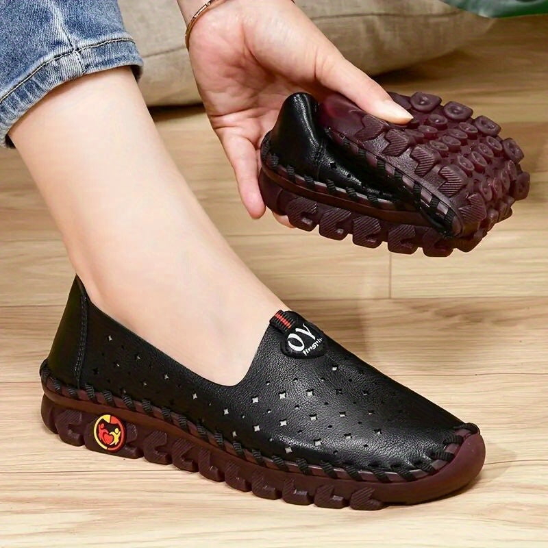 Handmade hollow out low top loafers for women, casual slip-on shoes with non-slip and breathable features.