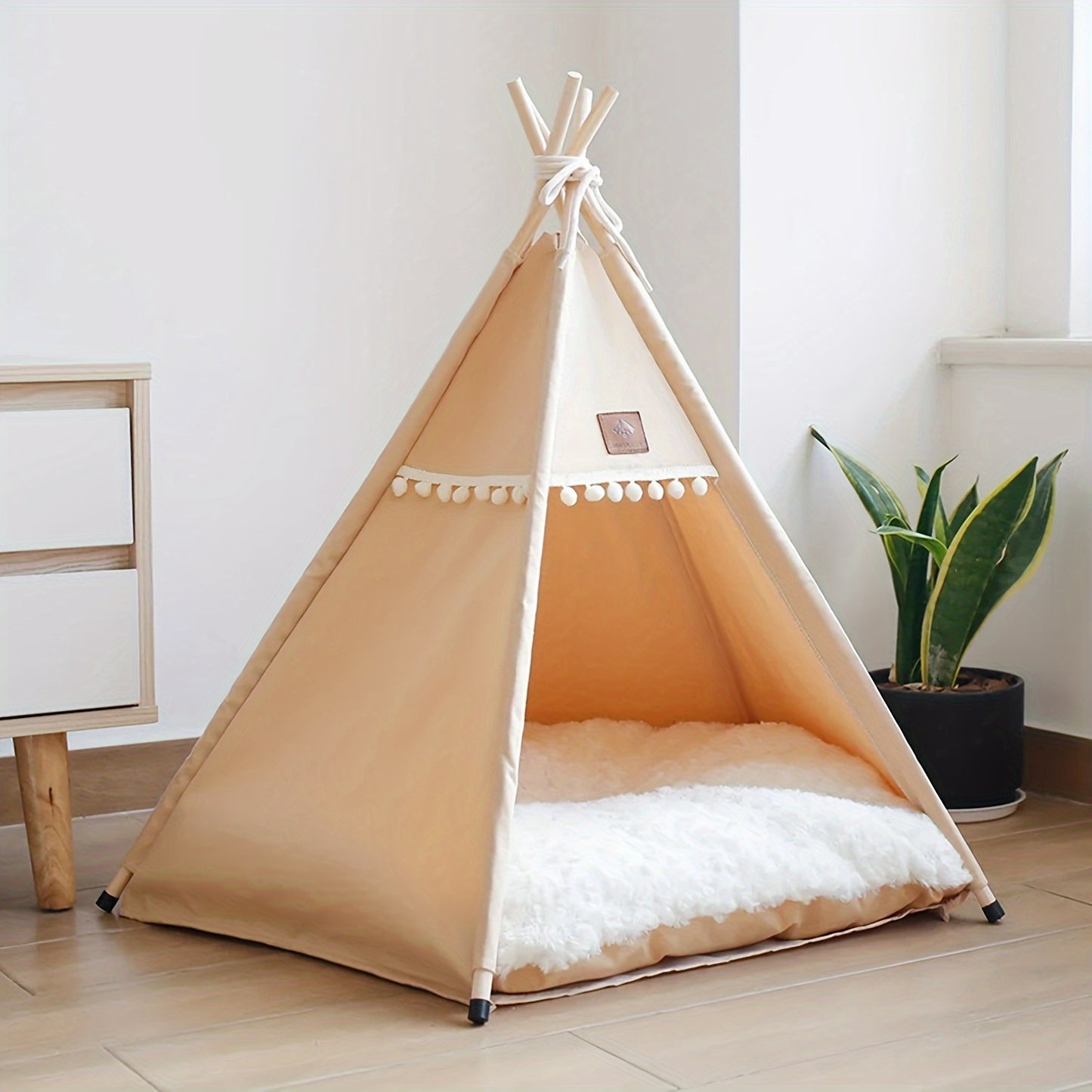 Beige Cat Teepee Tent Bed with Cozy Cushion, Ideal for Deep Sleep, Durable Polyester Material