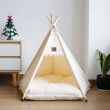 Beige Cat Teepee Tent Bed with Cozy Cushion, Ideal for Deep Sleep, Durable Polyester Material