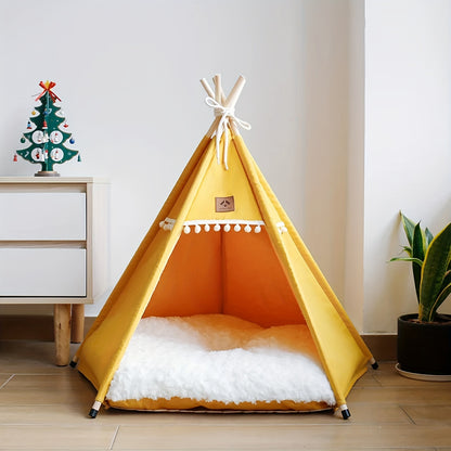 Beige Cat Teepee Tent Bed with Cozy Cushion, Ideal for Deep Sleep, Durable Polyester Material