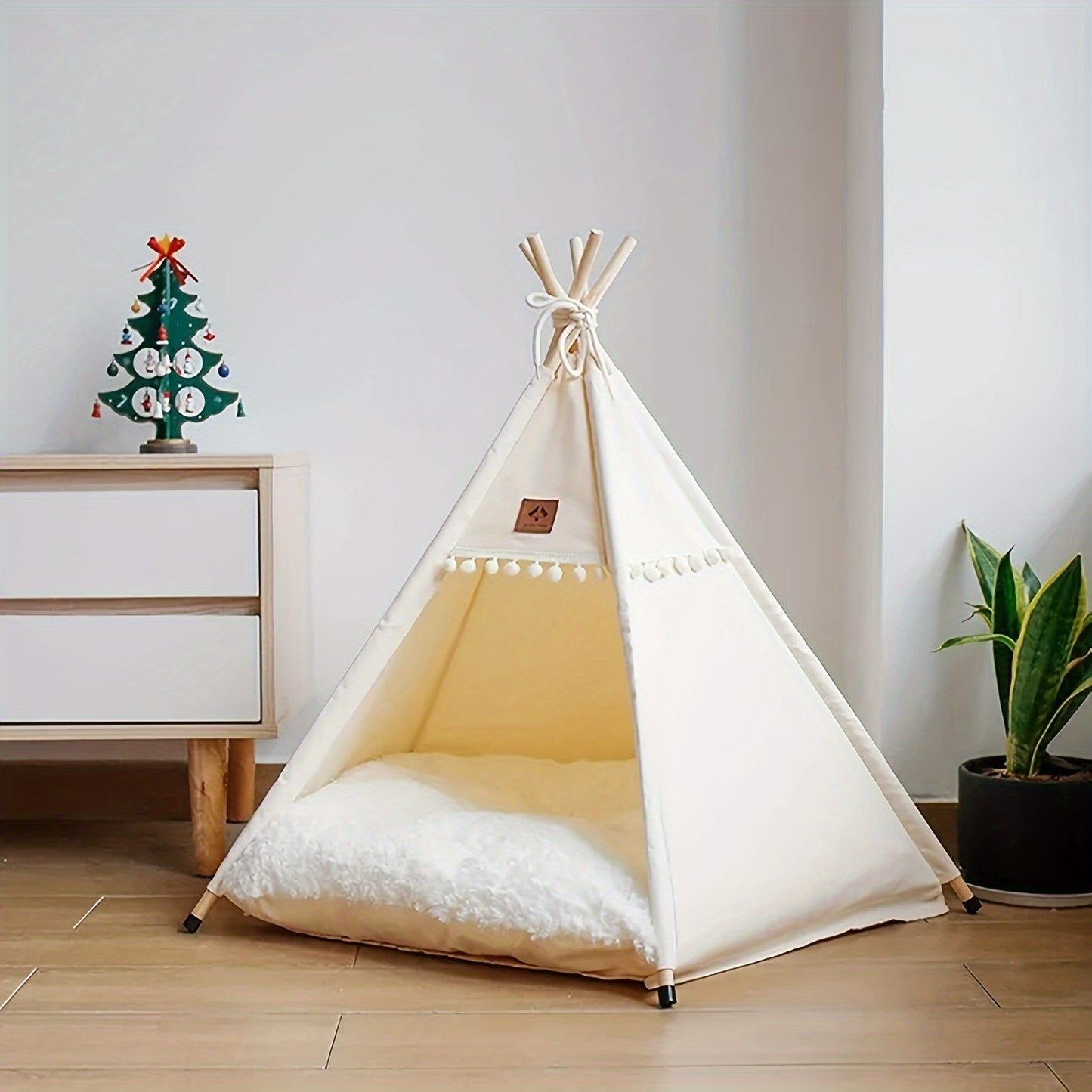 Beige Cat Teepee Tent Bed with Cozy Cushion, Ideal for Deep Sleep, Durable Polyester Material