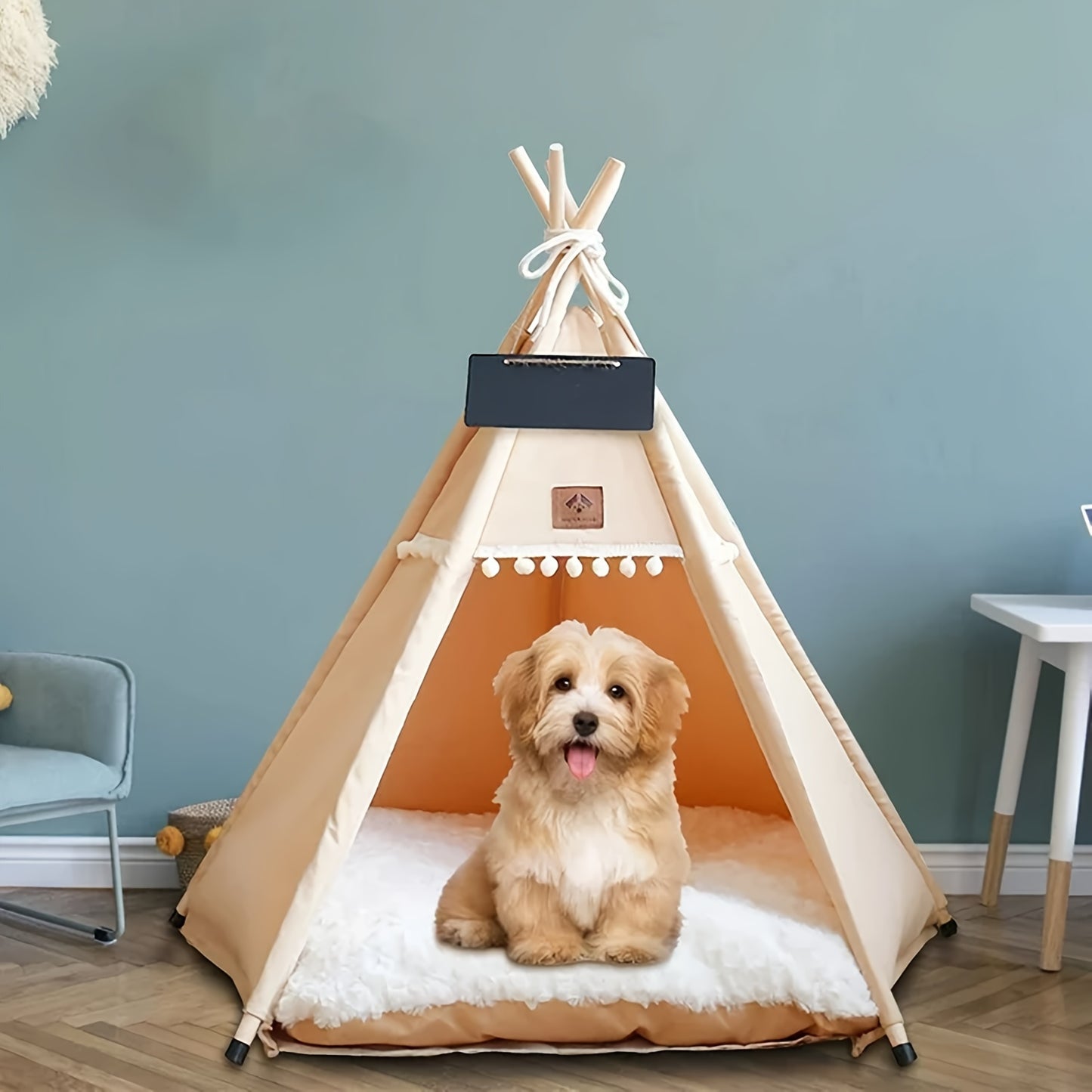 Beige Cat Teepee Tent Bed with Cozy Cushion, Ideal for Deep Sleep, Durable Polyester Material