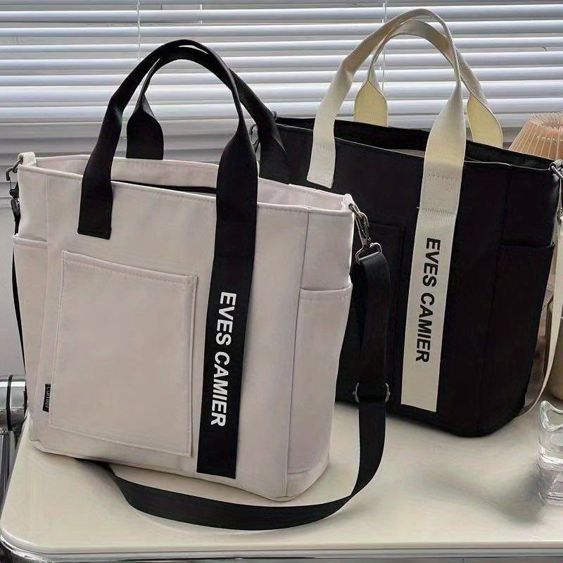 Versatile tote bag with multiple pockets, crossbody strap for travel and work, adjustable for school and everyday use.