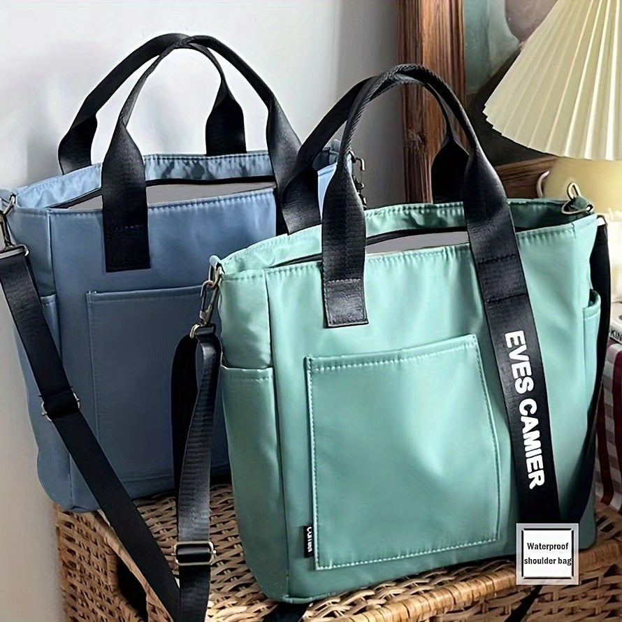 Versatile tote bag with multiple pockets, crossbody strap for travel and work, adjustable for school and everyday use.