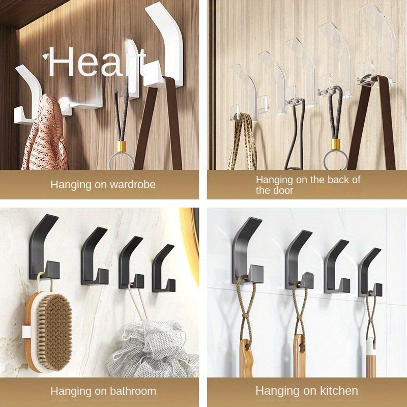 5-piece set of no-drill sticky wall hooks for versatile storage of clothes and hats in bedroom, kitchen, and bathroom.