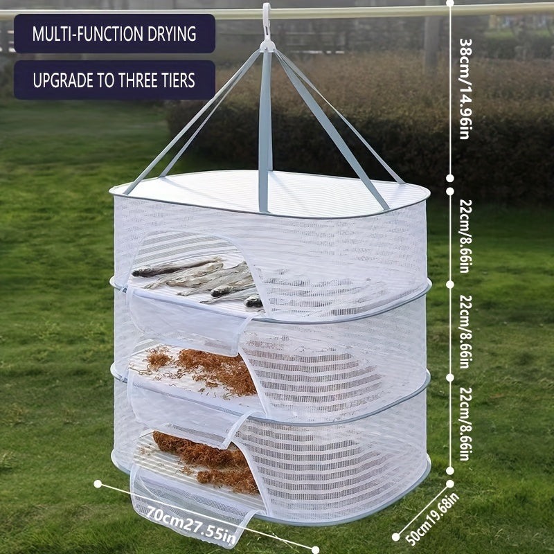 One piece 3-tier herb drying rack featuring a hanging mesh net - perfect for drying fruits, vegetables, flowers, and fish. Convenient foldable design for easy storage.