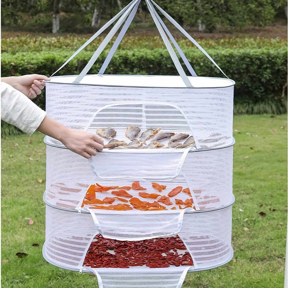 One piece 3-tier herb drying rack featuring a hanging mesh net - perfect for drying fruits, vegetables, flowers, and fish. Convenient foldable design for easy storage.