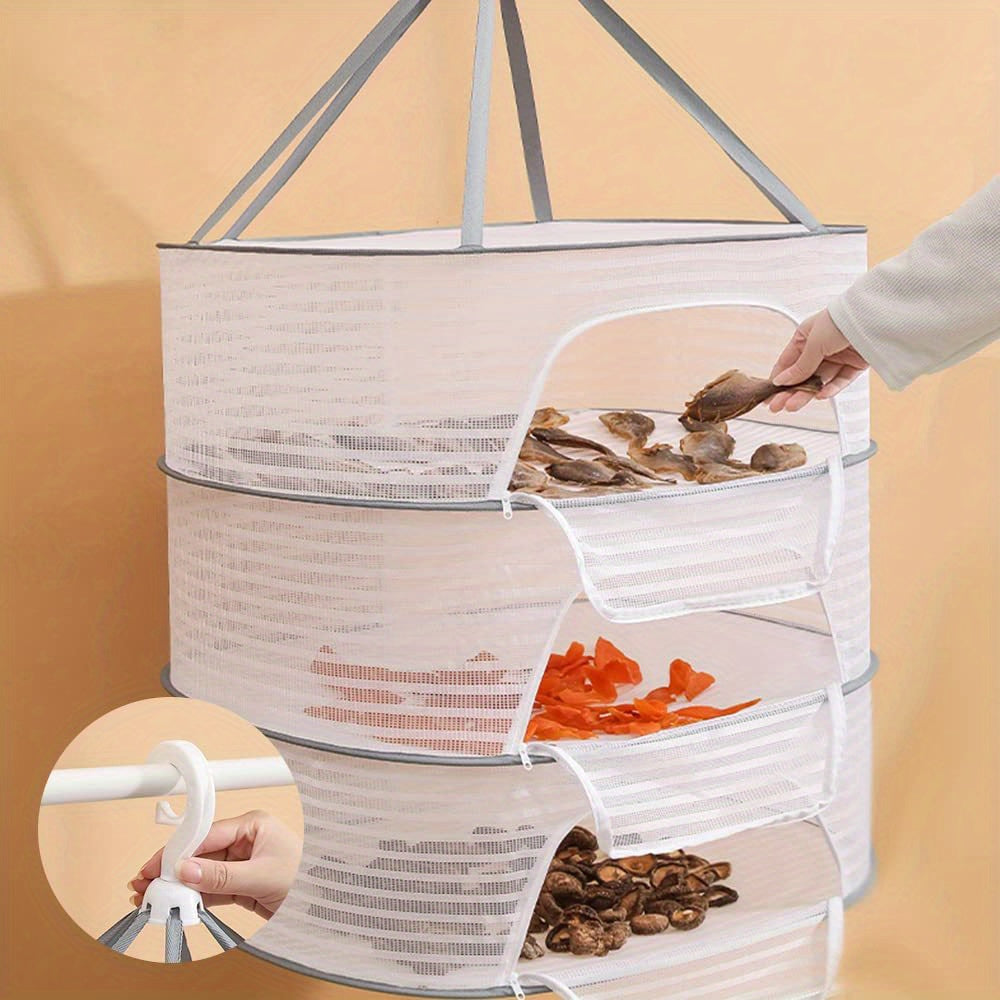 One piece 3-tier herb drying rack featuring a hanging mesh net - perfect for drying fruits, vegetables, flowers, and fish. Convenient foldable design for easy storage.