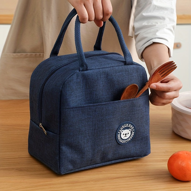 Adorable Bear Lunch Tote - Made of Waterproof & Sturdy Oxford Fabric in Blue, Features Zipper Closure, Front Pocket, and Convenient Handle for Easy Carrying. Perfect for School or Office Use, with Charming Bear Design.