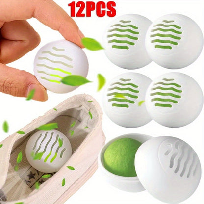 12 plastic deodorant balls for shoes and socks, shoe cabinet freshener, solid indoor deodorizer, sneaker odor eliminator.