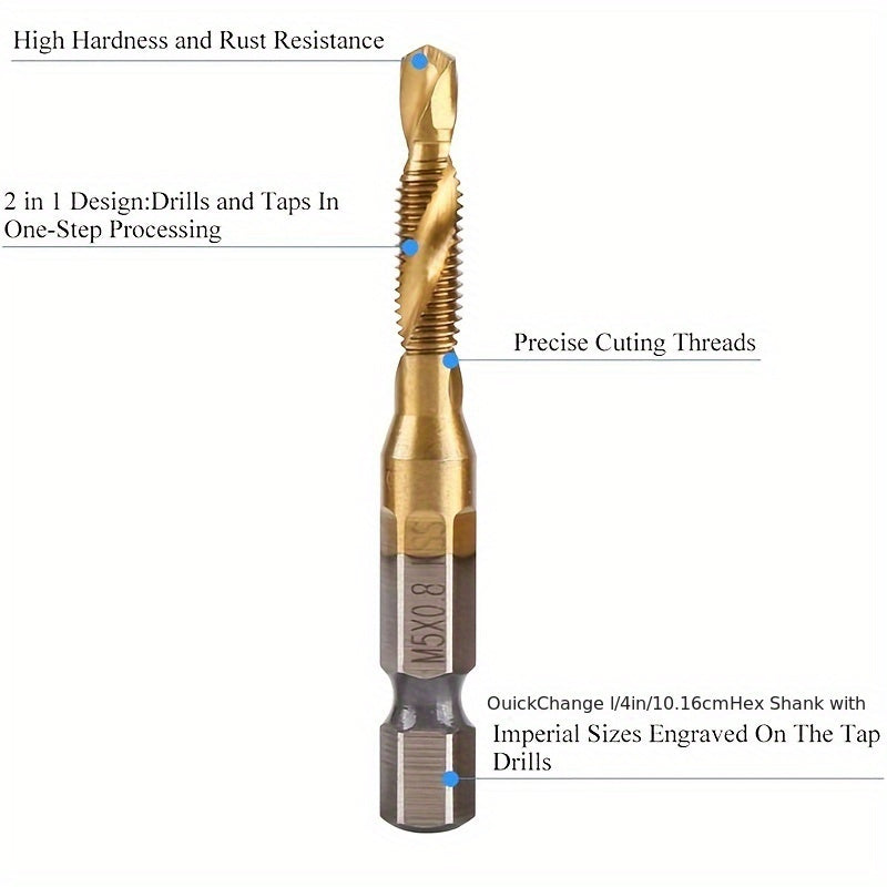 6-piece Titanium Drill Tap Combination Bit set for Metric Thread M3-M10, made of High-Speed Steel with 1/4" Hex Shank for easy-changing. Ideal for DIY, Woodworking, and Metalworking.