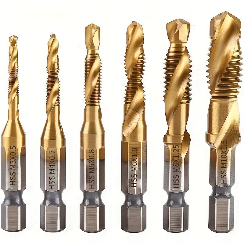 6-piece Titanium Drill Tap Combination Bit set for Metric Thread M3-M10, made of High-Speed Steel with 1/4" Hex Shank for easy-changing. Ideal for DIY, Woodworking, and Metalworking.