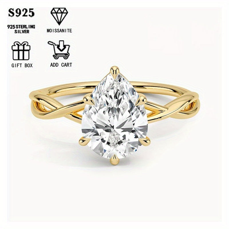 This stunning 1/2ct Pear-Shaped Moissanite Ring is perfect for women who appreciate elegance. Crafted from hypoallergenic S925 Sterling Silver with a twisted six-prong setting, it makes a wonderful anniversary gift or party accessory. Presented in an