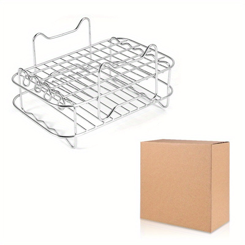 Stainless Steel Double-layer Steaming Rack with 4 Skewers, Single-layer Air Fryer Rack, Food Frying Basket, Air Fryer Basket, Steaming and Baking Rack with Skewers, Barbecue Air Fryer Accessories, Oven Microwave Baking Cooking Rack - 1 set/1 piece