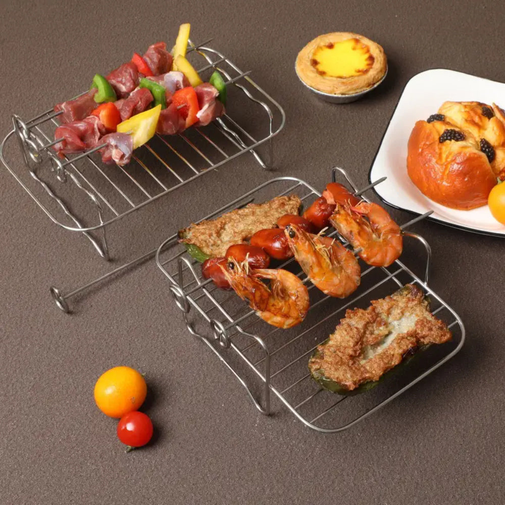 Stainless Steel Double-layer Steaming Rack with 4 Skewers, Single-layer Air Fryer Rack, Food Frying Basket, Air Fryer Basket, Steaming and Baking Rack with Skewers, Barbecue Air Fryer Accessories, Oven Microwave Baking Cooking Rack - 1 set/1 piece