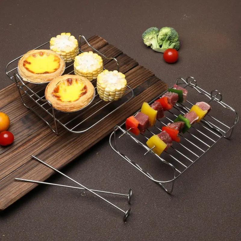 Stainless Steel Double-layer Steaming Rack with 4 Skewers, Single-layer Air Fryer Rack, Food Frying Basket, Air Fryer Basket, Steaming and Baking Rack with Skewers, Barbecue Air Fryer Accessories, Oven Microwave Baking Cooking Rack - 1 set/1 piece