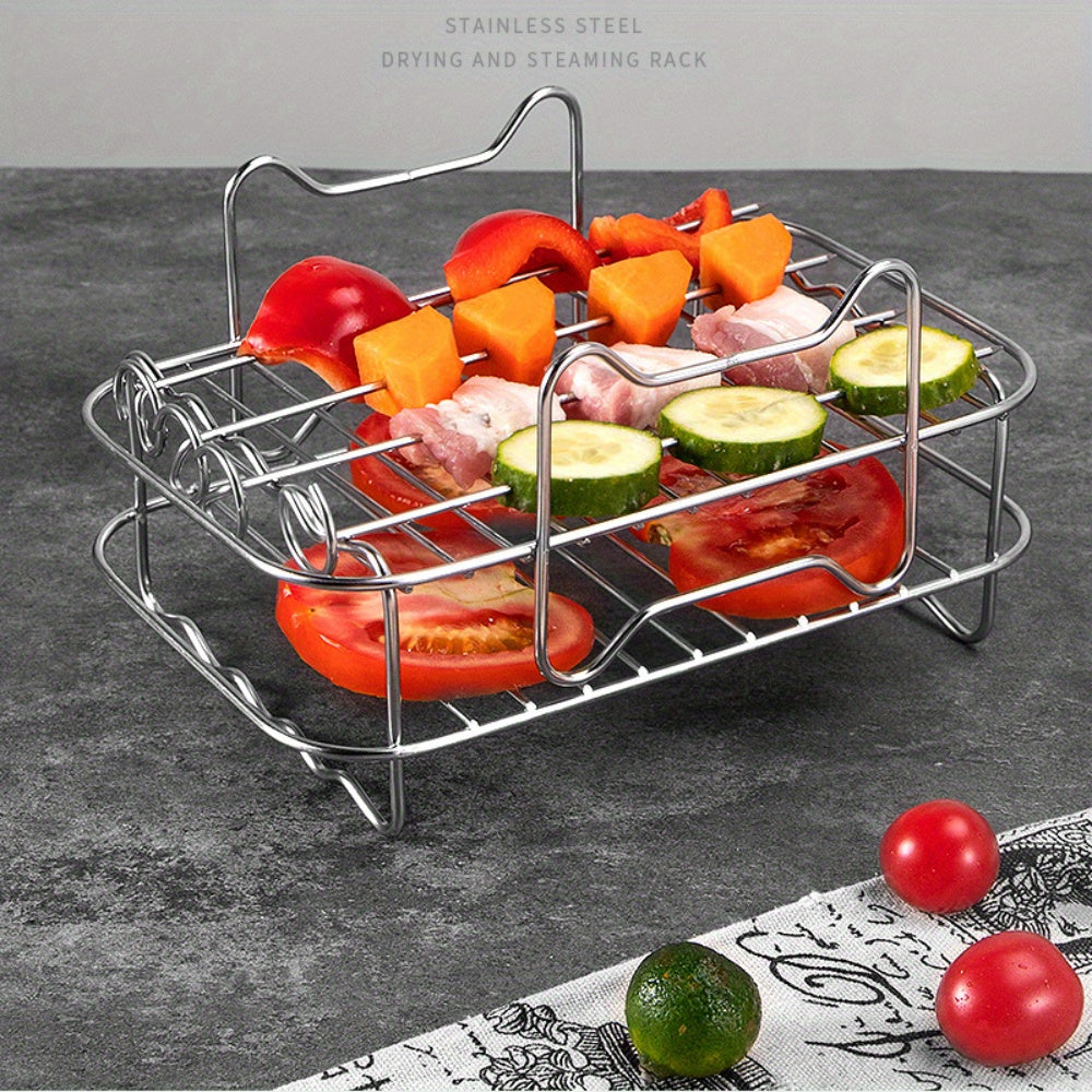 Stainless Steel Double-layer Steaming Rack with 4 Skewers, Single-layer Air Fryer Rack, Food Frying Basket, Air Fryer Basket, Steaming and Baking Rack with Skewers, Barbecue Air Fryer Accessories, Oven Microwave Baking Cooking Rack - 1 set/1 piece