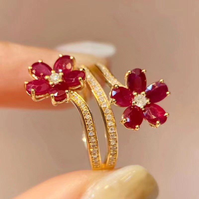 [Customer Favorite] Beautiful Red Floral Ring with Adjustable Band and Sparkling Cubic Zirconia - Premium Copper Band Ideal for Engagements and Weddings Year-round