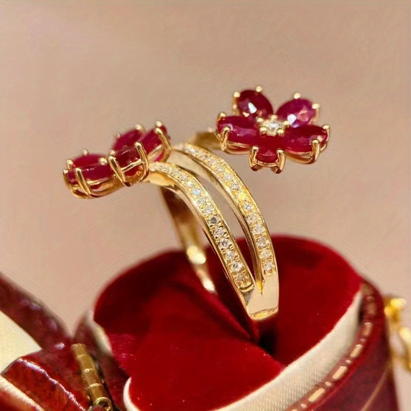 [Customer Favorite] Beautiful Red Floral Ring with Adjustable Band and Sparkling Cubic Zirconia - Premium Copper Band Ideal for Engagements and Weddings Year-round