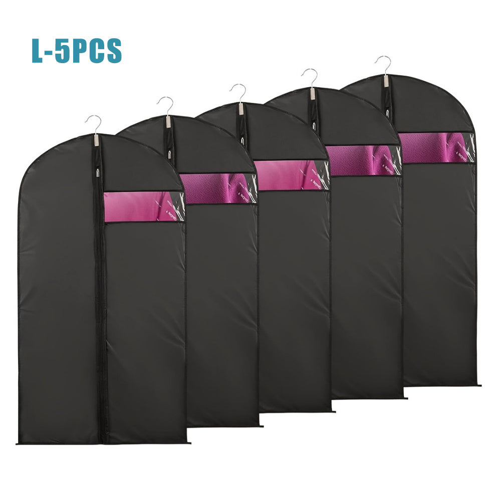 Purchase five clear window hanging garment bags made of durable plastic for storing and traveling with your clothing. These washable bags are dust, mildew, and insect proof, requiring no electricity. Use them to store jackets, coats, and t-shirts.