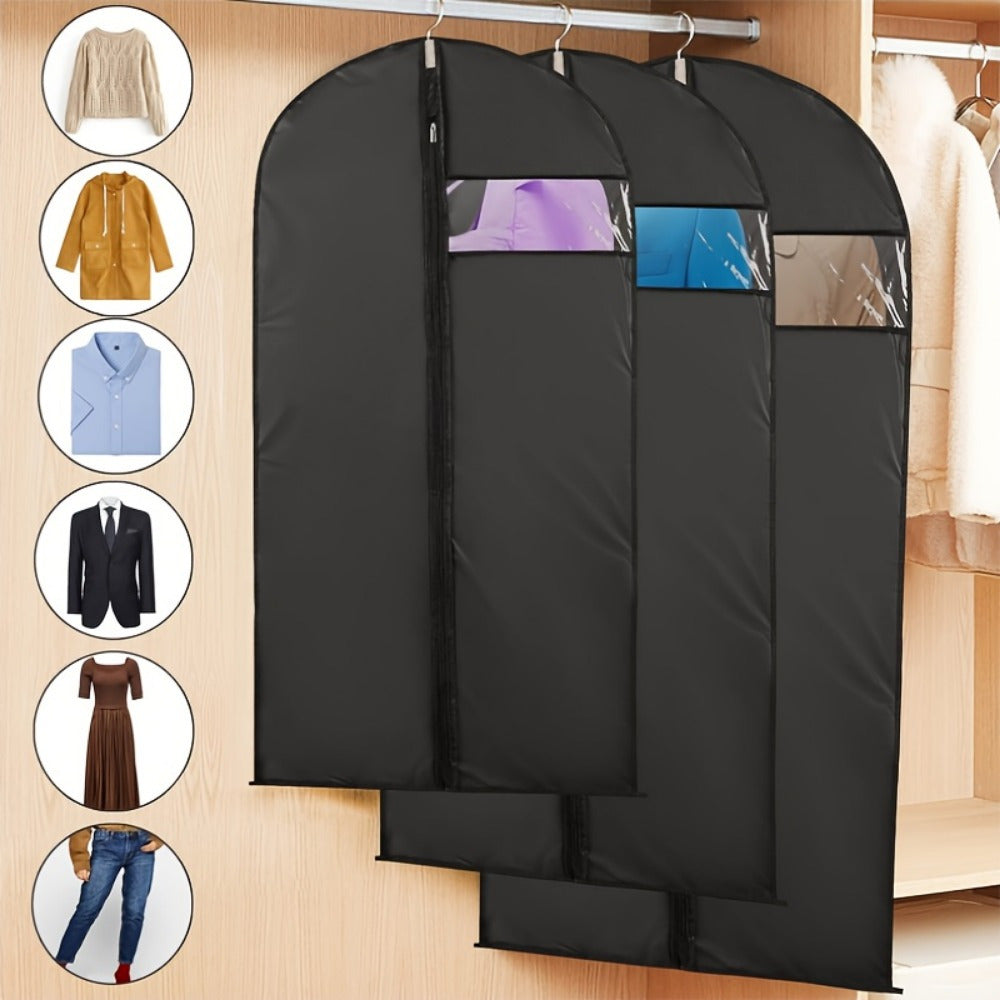 Purchase five clear window hanging garment bags made of durable plastic for storing and traveling with your clothing. These washable bags are dust, mildew, and insect proof, requiring no electricity. Use them to store jackets, coats, and t-shirts.