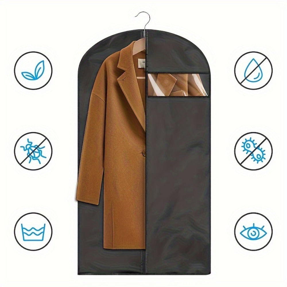 Purchase five clear window hanging garment bags made of durable plastic for storing and traveling with your clothing. These washable bags are dust, mildew, and insect proof, requiring no electricity. Use them to store jackets, coats, and t-shirts.