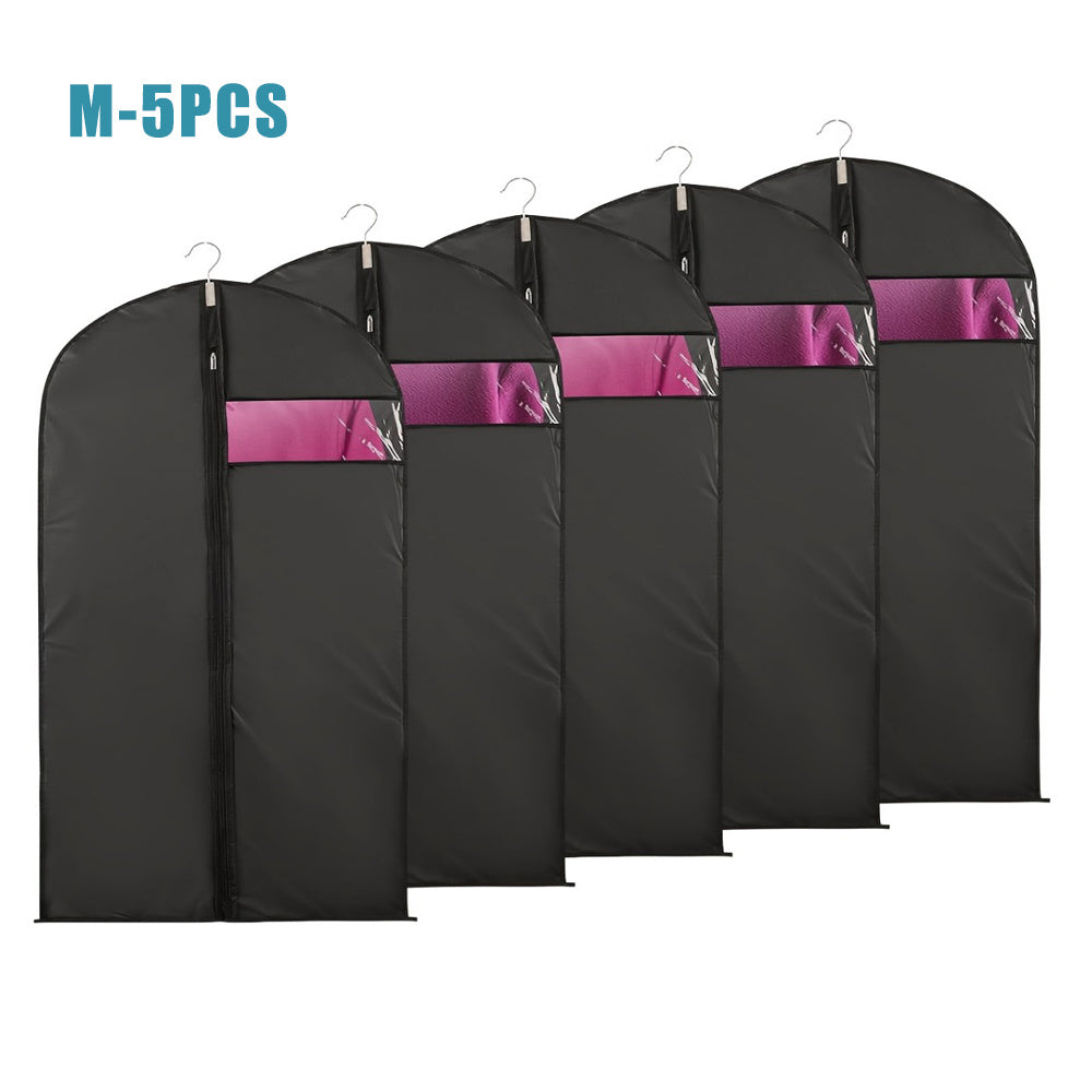 Purchase five clear window hanging garment bags made of durable plastic for storing and traveling with your clothing. These washable bags are dust, mildew, and insect proof, requiring no electricity. Use them to store jackets, coats, and t-shirts.