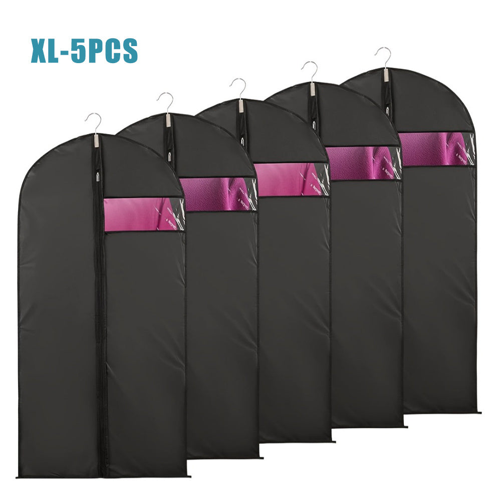 Purchase five clear window hanging garment bags made of durable plastic for storing and traveling with your clothing. These washable bags are dust, mildew, and insect proof, requiring no electricity. Use them to store jackets, coats, and t-shirts.