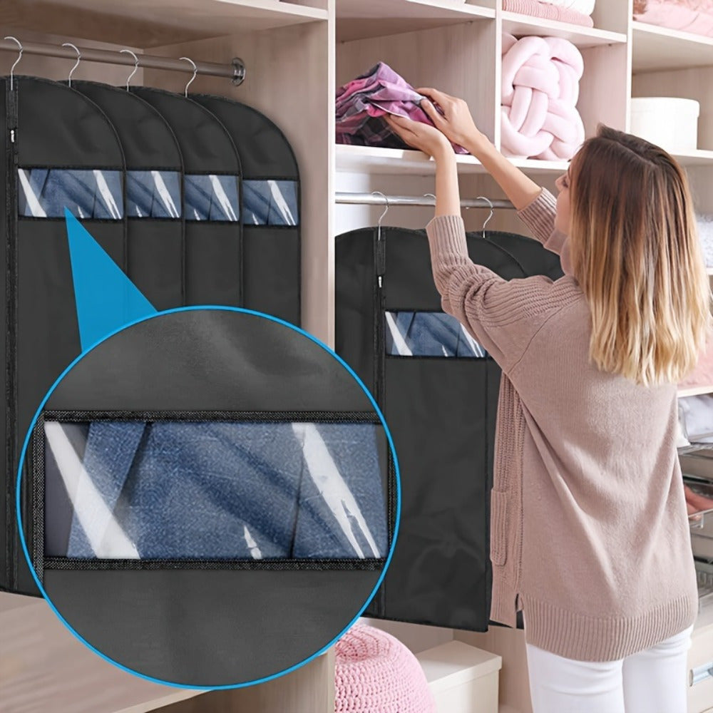 Purchase five clear window hanging garment bags made of durable plastic for storing and traveling with your clothing. These washable bags are dust, mildew, and insect proof, requiring no electricity. Use them to store jackets, coats, and t-shirts.