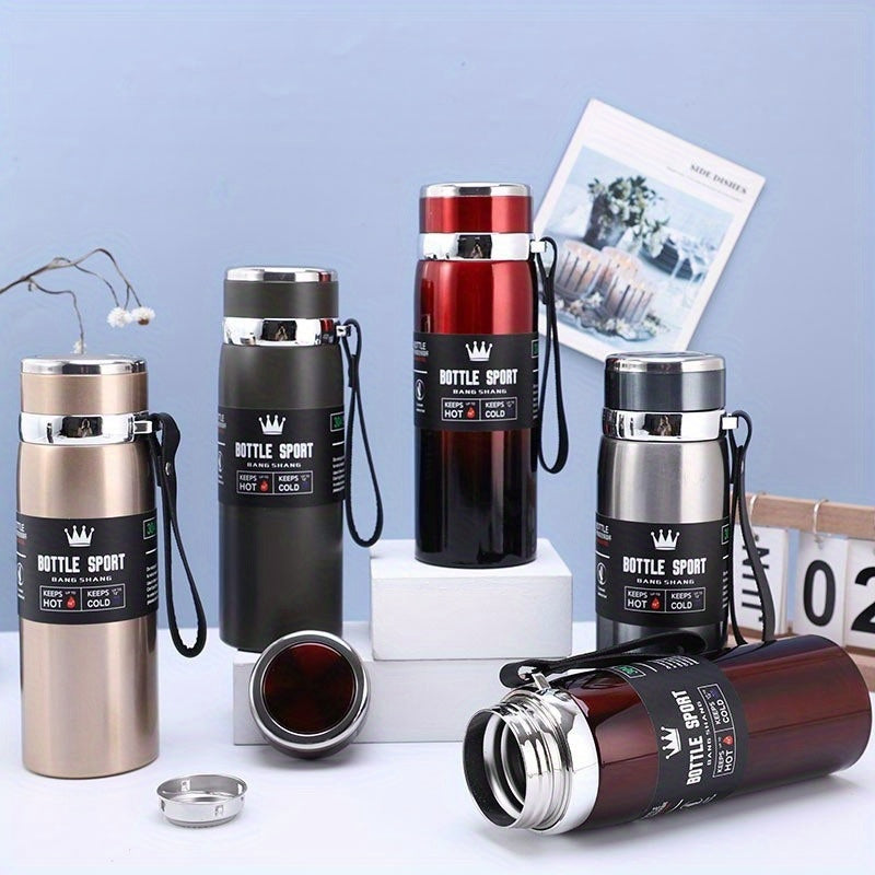 Stainless steel 1000ml vacuum insulated water bottle with portable strap, BPA-free, keeps hot/cold for sports and outdoor activities, hand wash only.