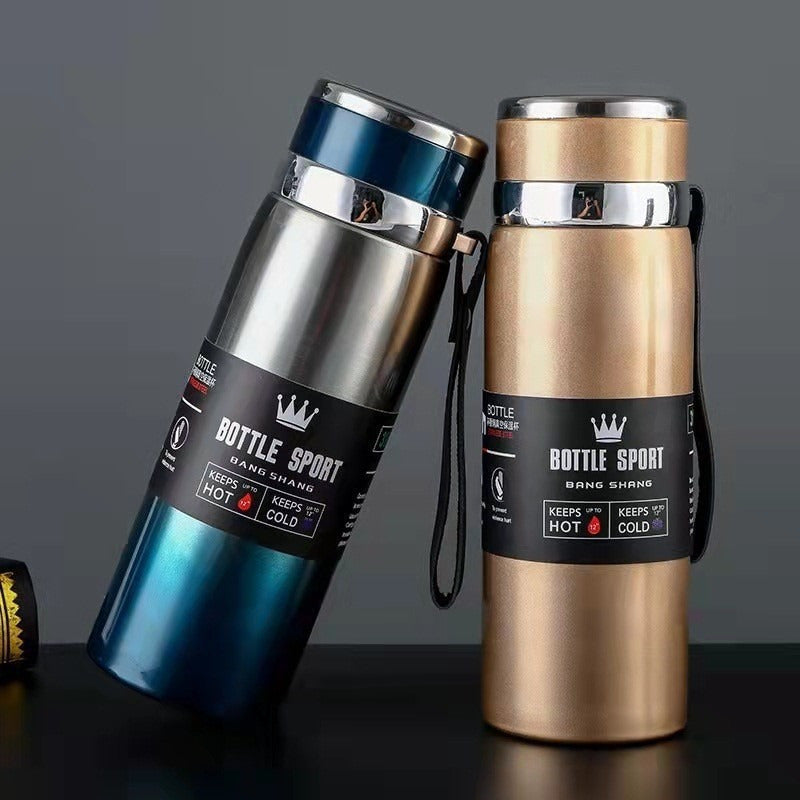 Stainless steel 1000ml vacuum insulated water bottle with portable strap, BPA-free, keeps hot/cold for sports and outdoor activities, hand wash only.