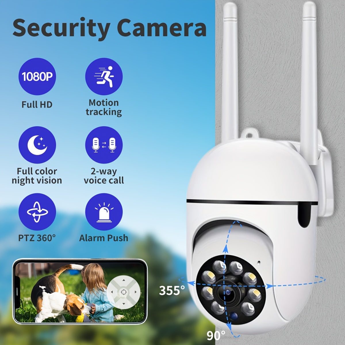 1 HD 1080P Wireless Wifi Security Camera with PTZ, 355 Degree IP System, 2.4G, Two-way Audio, Motion Detection, Active Defense Alarm, Pet Monitor, Intercom, and Notification Push. TF card