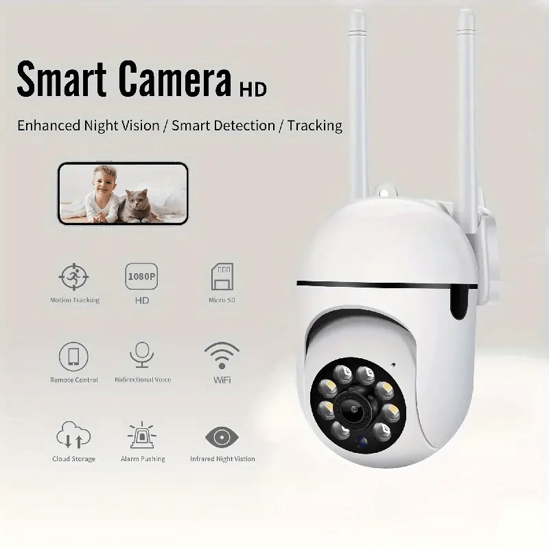 1 HD 1080P Wireless Wifi Security Camera with PTZ, 355 Degree IP System, 2.4G, Two-way Audio, Motion Detection, Active Defense Alarm, Pet Monitor, Intercom, and Notification Push. TF card