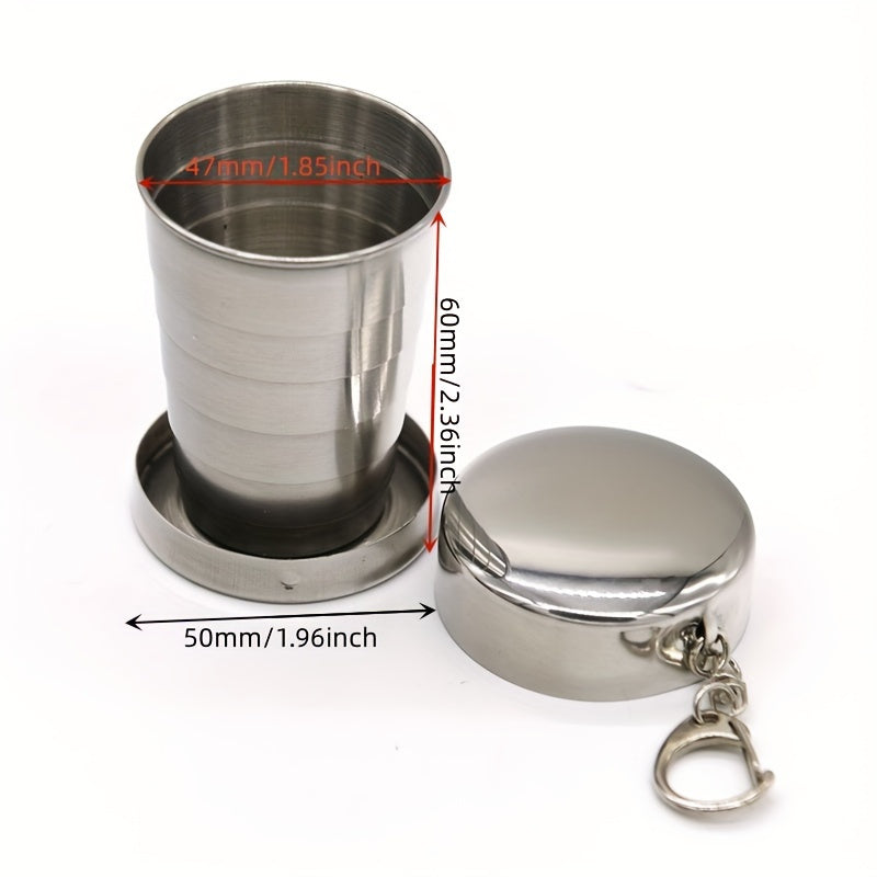 75ml stainless steel folding cup with keychain, ideal for camping and hiking. Hand wash only. Reusable and recyclable.